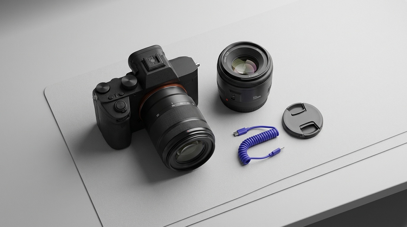 An affordable mirrorless body with a kit lens and a budget prime on a neutral surface