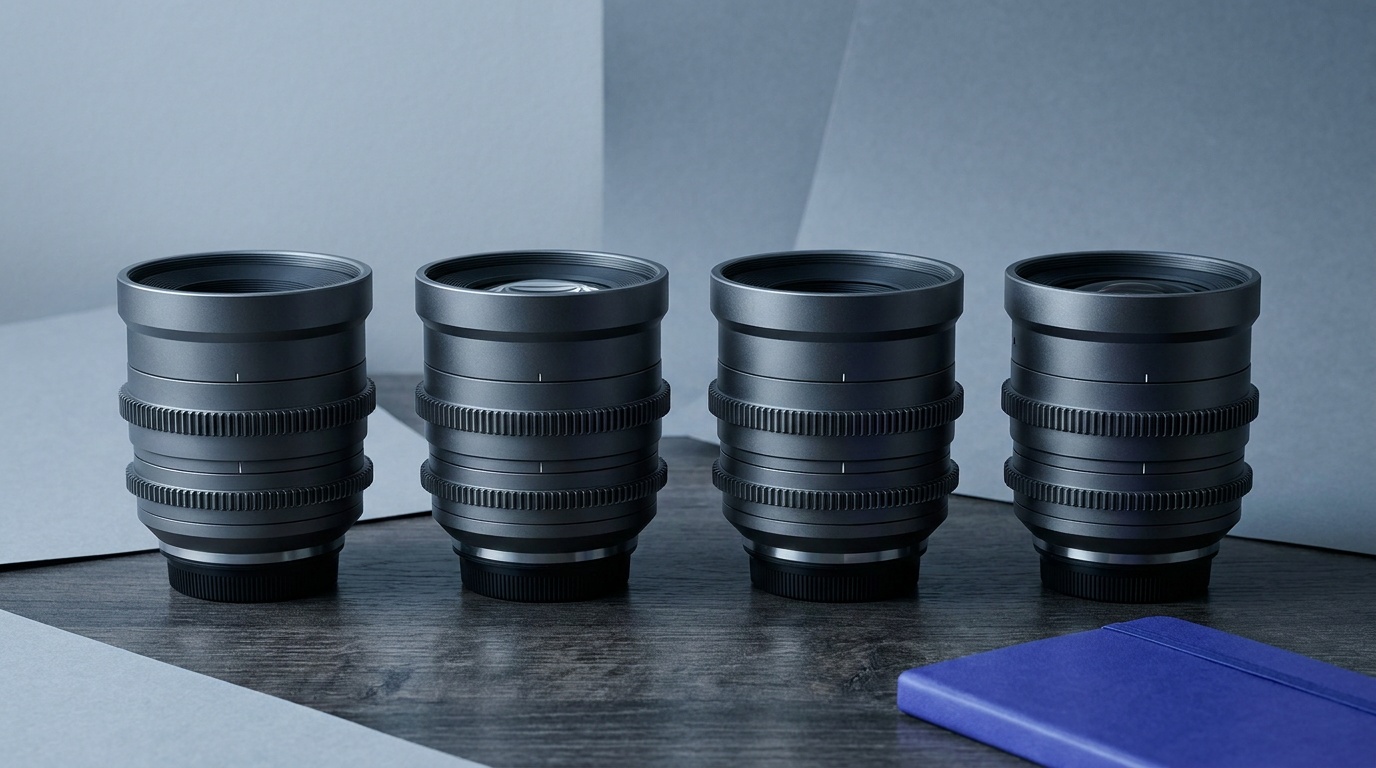 A row of four matched cine prime lenses standing upright on a dark table, each the same physical height and front diameter, their geared focus and iris rings aligned at the same positions