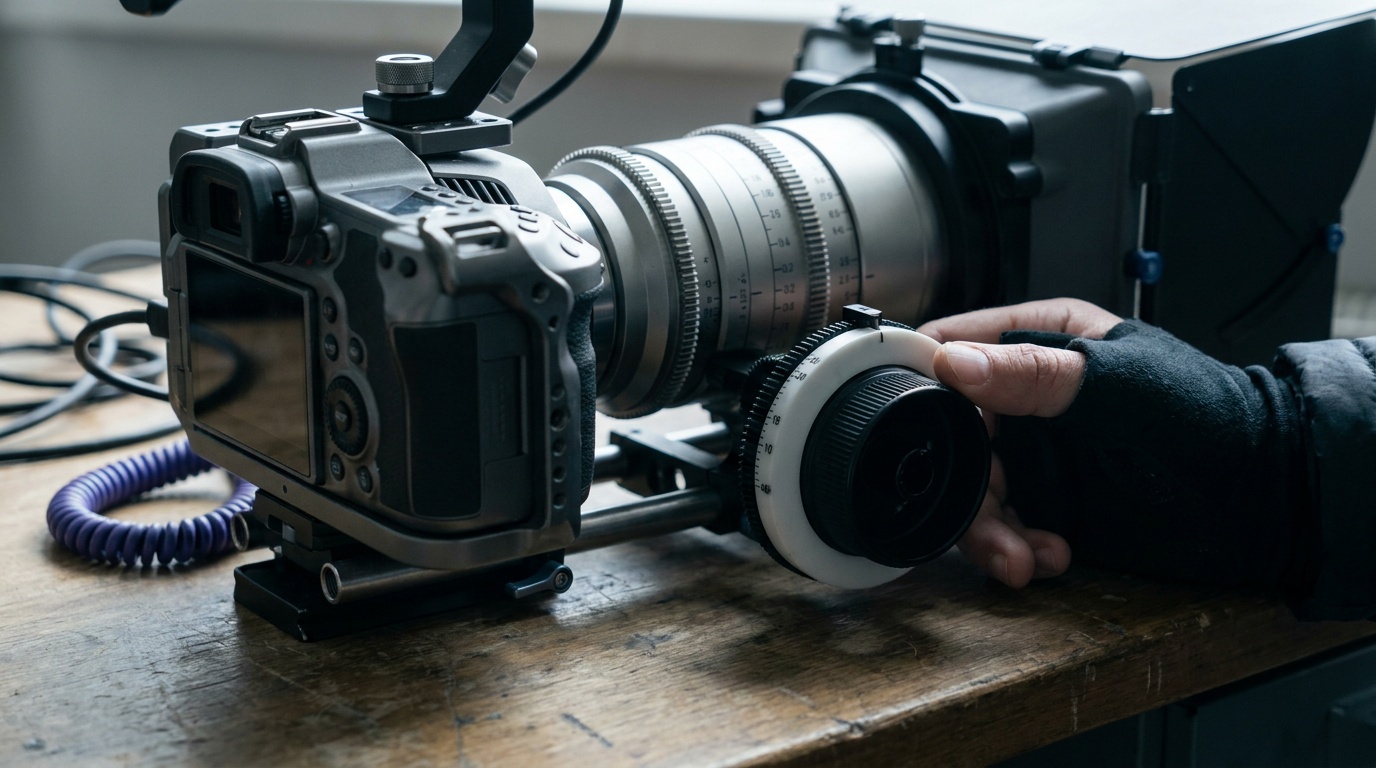 A close view of a cine lens mounted on a rigged cinema camera with a follow-focus unit geared to the lens barrel, a focus puller's hand resting on the wheel, marked focus distances visible on the white ring