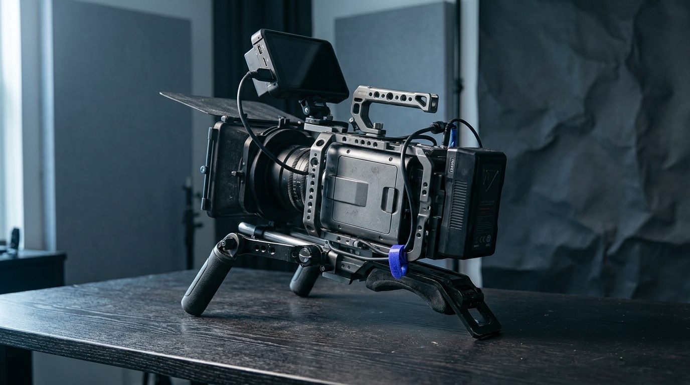 A box-style cinema camera fully rigged on a shoulder mount with a cage, a matte box on the front, an external monitor on top, and a V-mount battery at the back, set up in a dim interior