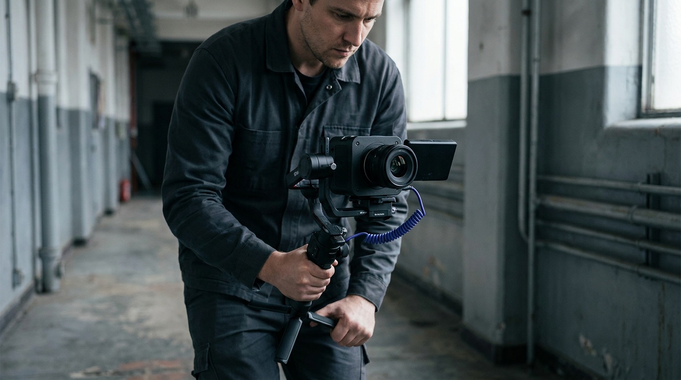 A compact cube-shaped cinema camera mounted on a three-axis gimbal, held low by an operator moving through a corridor, the small body balanced with a short prime lens and a tiny monitor