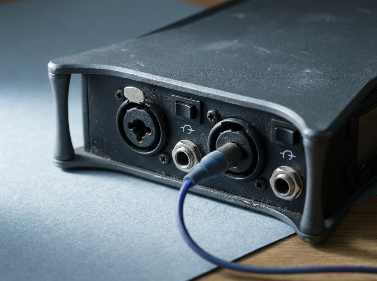 Close-up of a field recorder side panel showing combo XLR and quarter-inch inputs with phantom power switches