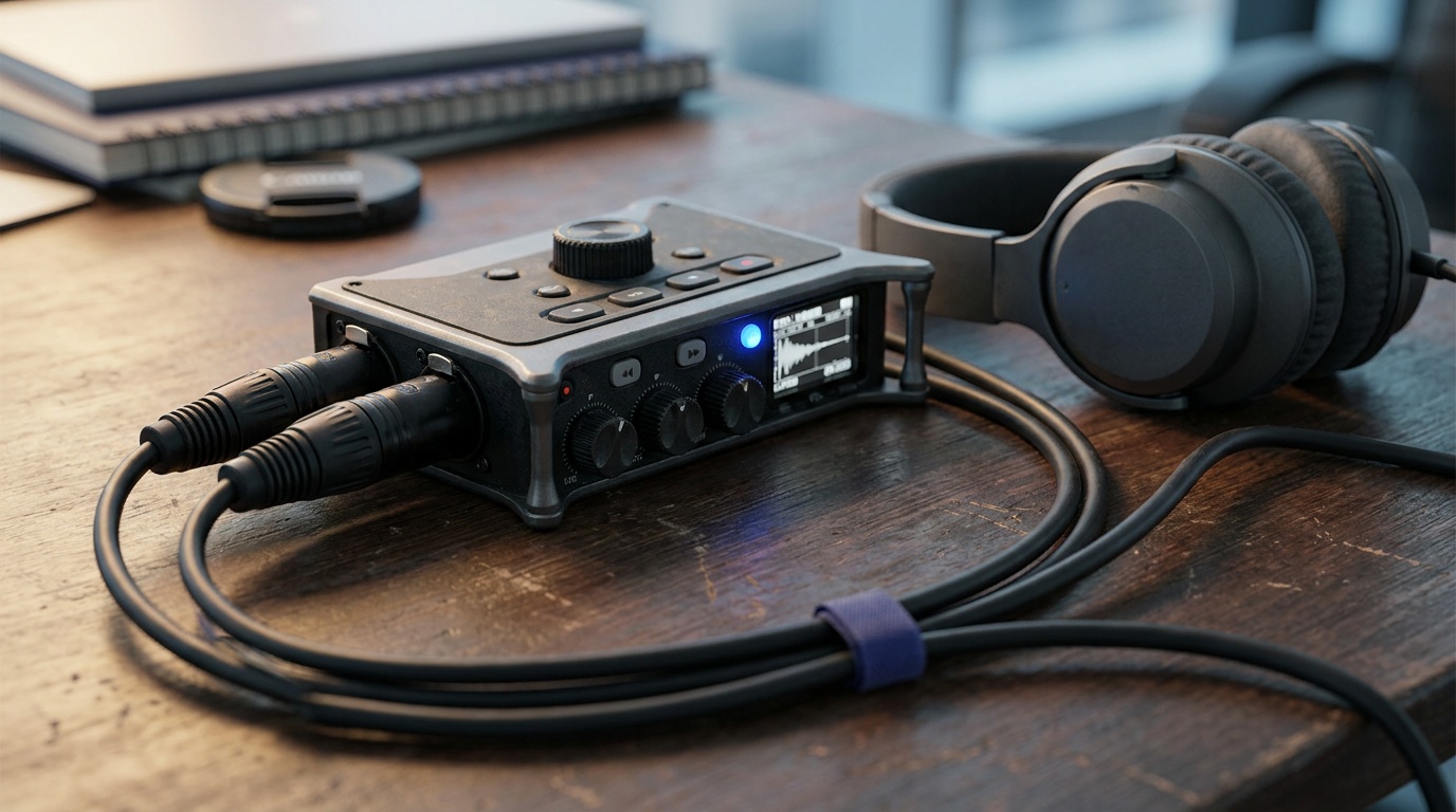 A generic portable field recorder on a table with XLR cables plugged in and over-ear monitoring headphones beside it