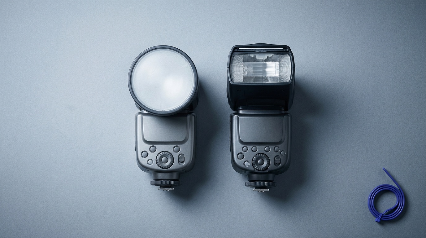 A round-head and a rectangular unbranded camera speedlight side by side on a neutral surface