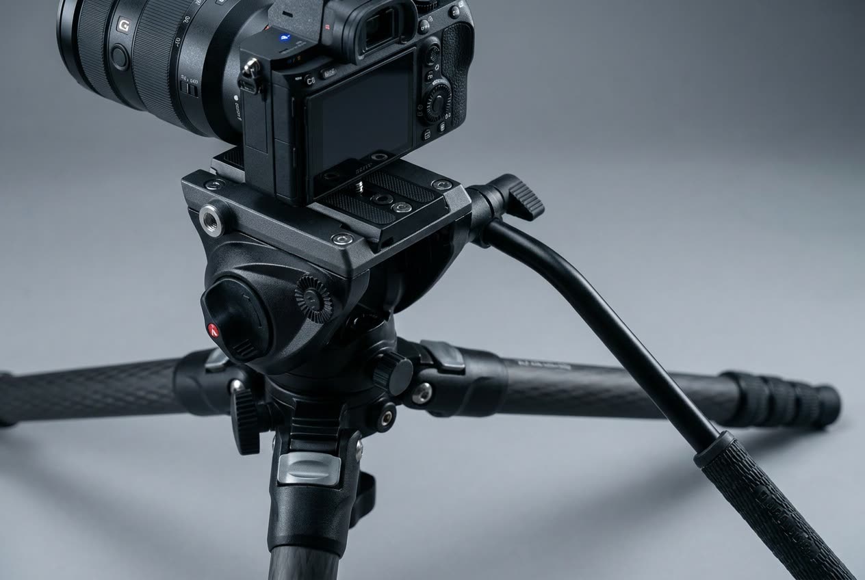 A videographer's hand easing a pan handle to swing a camera on a fluid head smoothly across a landscape at golden hour, the tripod legs planted firmly on a grassy ridge