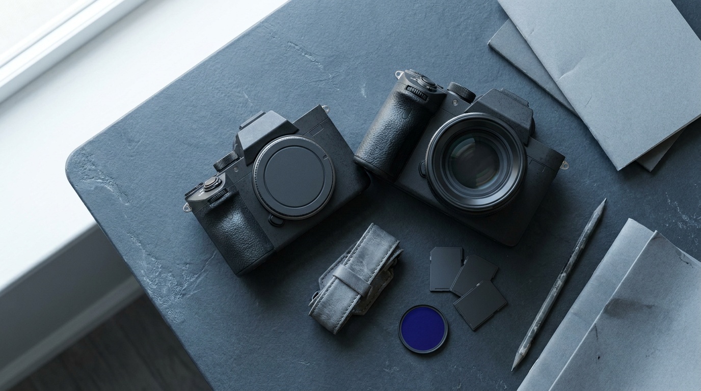 A full-frame camera body beside a fast prime lens on a neutral surface