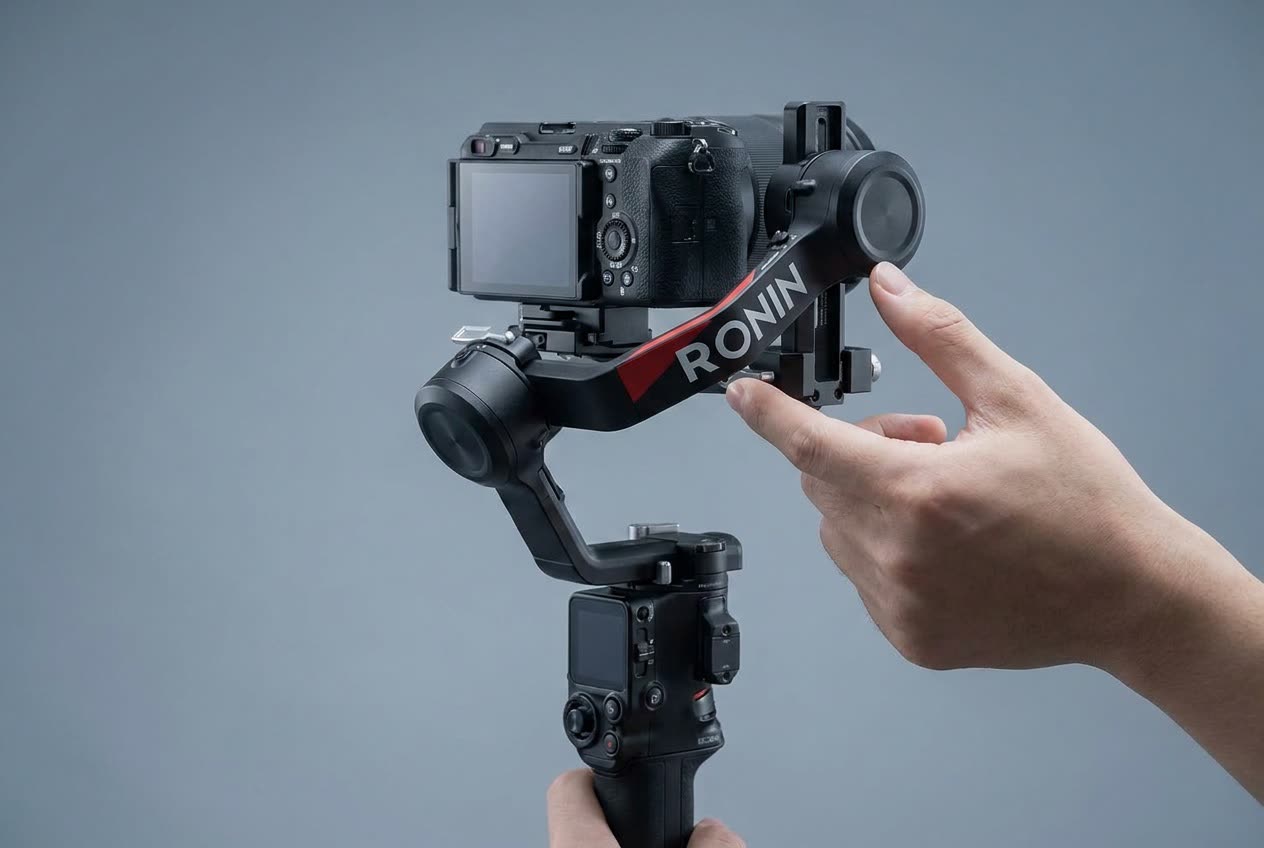 A mirrorless camera being balanced on a three-axis gimbal on a table before a shoot, with the lens and body centered