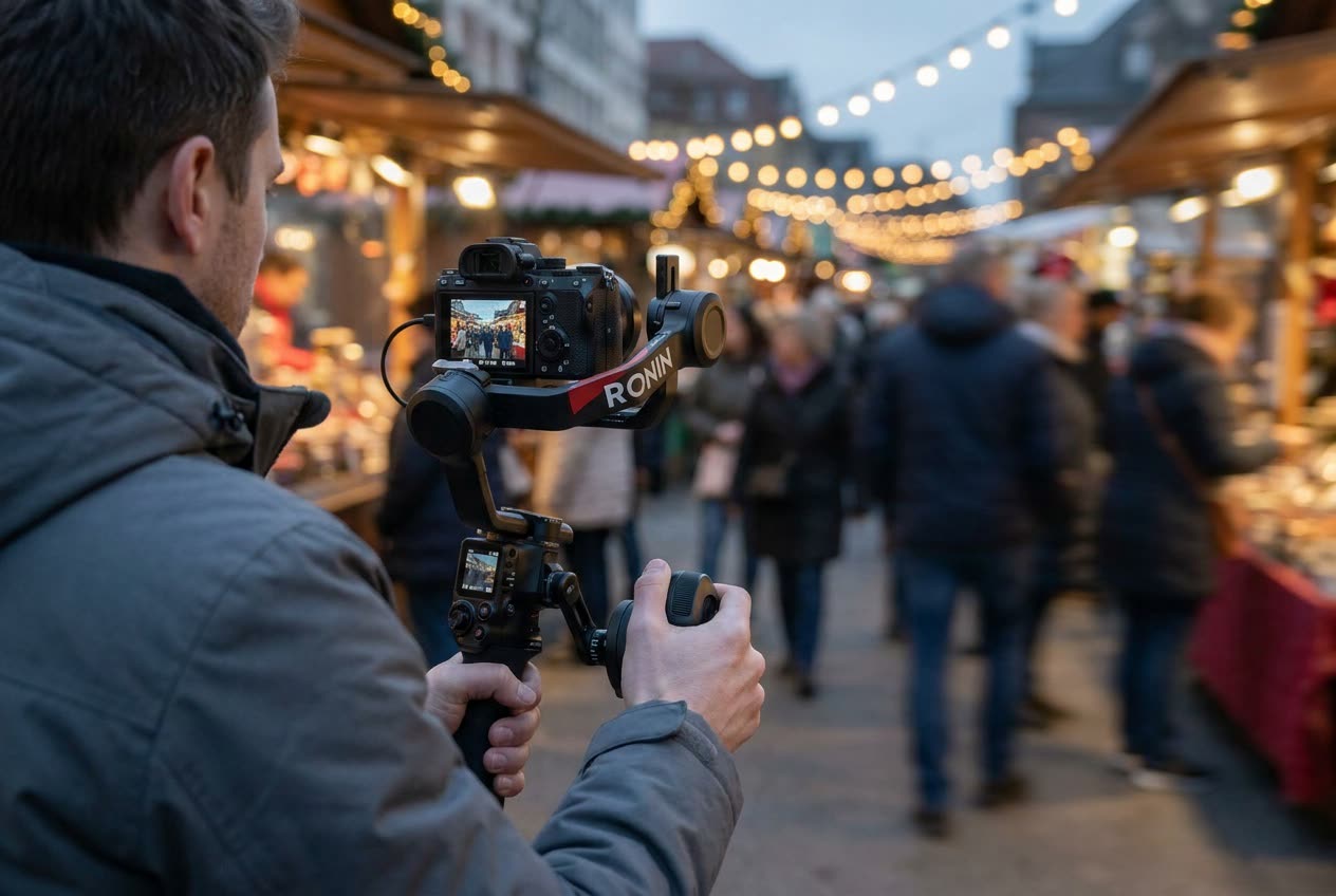 A creator walking while filming a smooth tracking shot with a camera mounted on a three-axis handheld gimbal