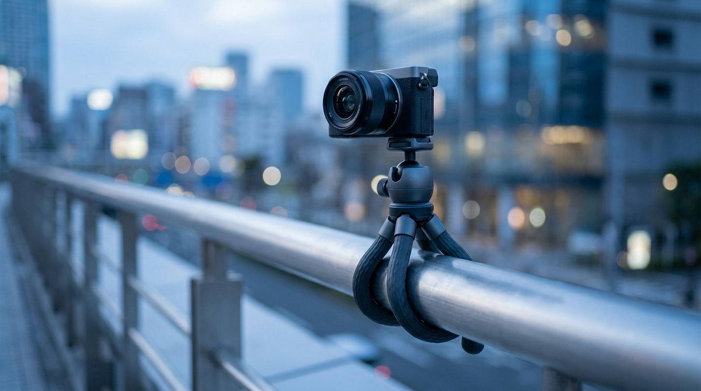 A flexible mini tripod with its legs wrapped around a metal railing holding a compact mirrorless camera above a city street in soft evening light