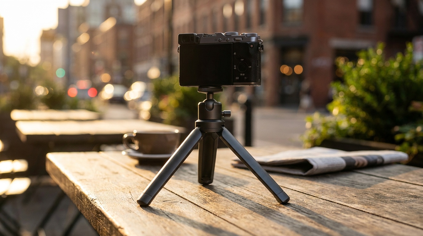 A small tabletop tripod holding a compact camera on a cafe table at golden hour, city bokeh in the background behind the framed scene