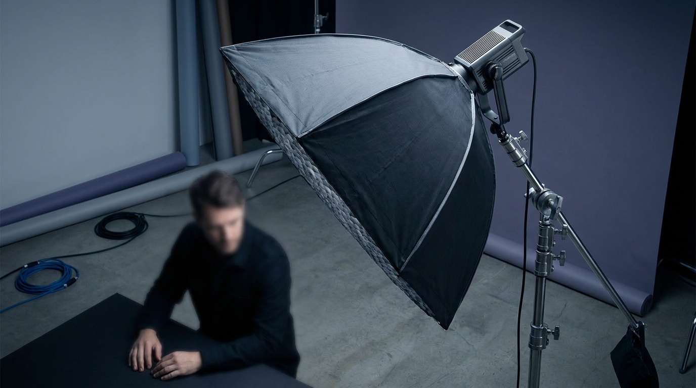 A COB video light on a stand with a large softbox attached, throwing soft directional light across a seated subject in a darkened studio, the bare point source hidden inside the modifier