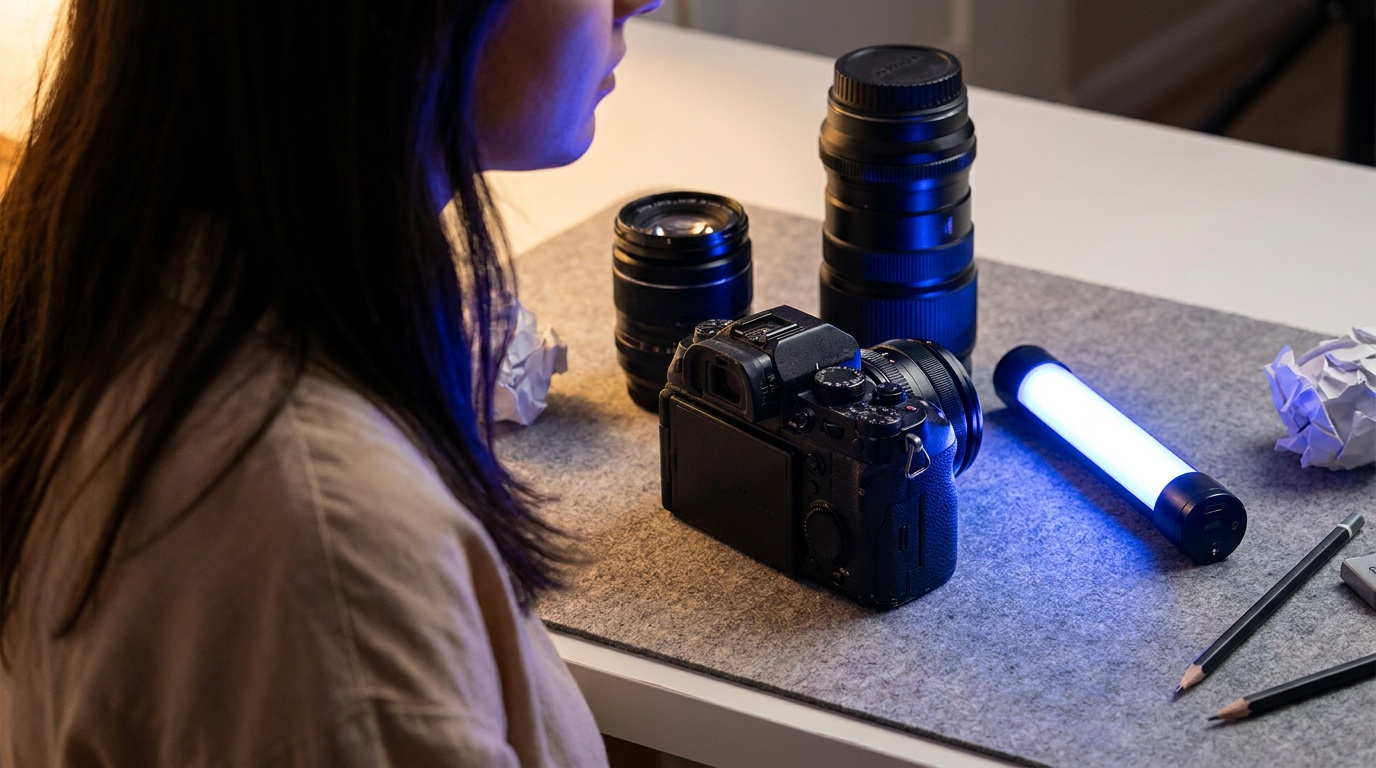 A small RGB LED tube light set to deep blue, tucked behind a subject's shoulder to rim the edge of their hair, while a warm white key light fills the face from the front in a dim room