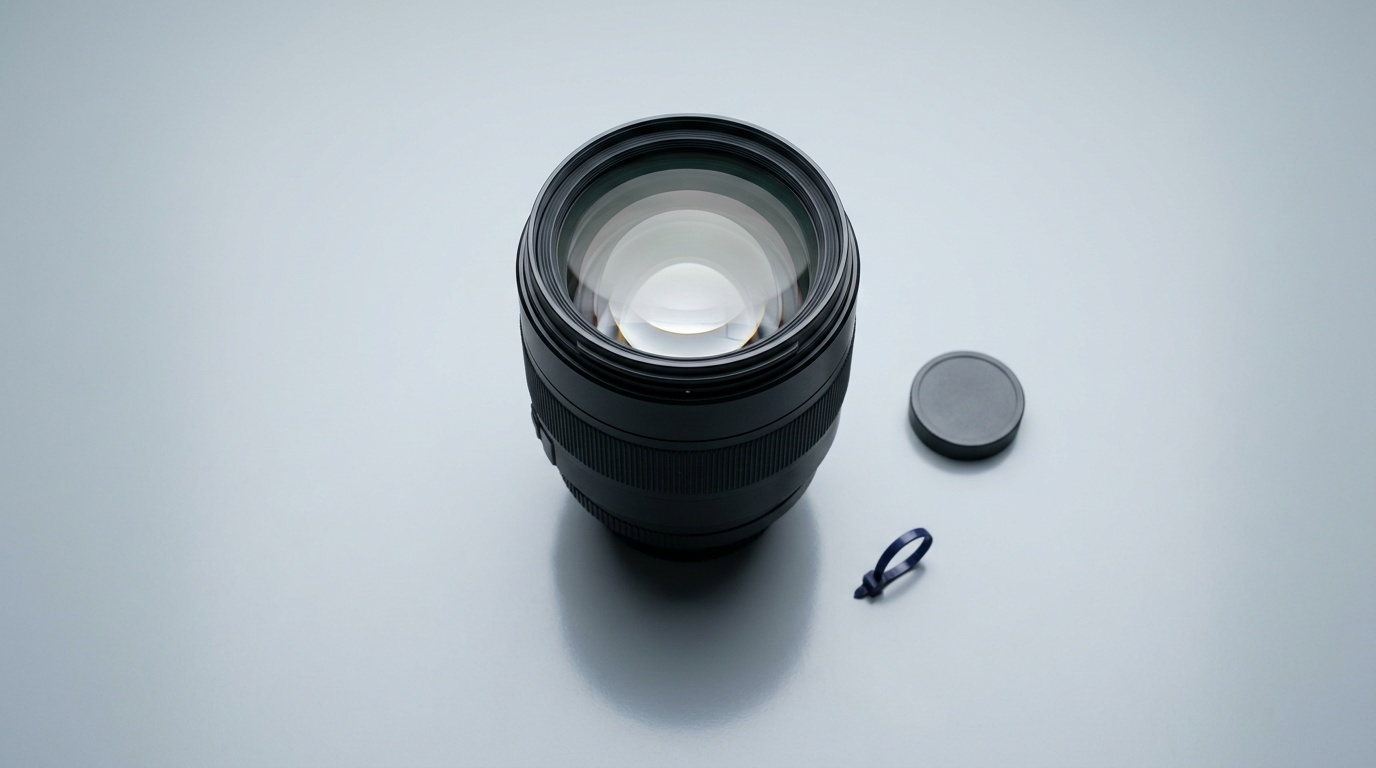 A fast unbranded short-telephoto prime lens on a neutral surface