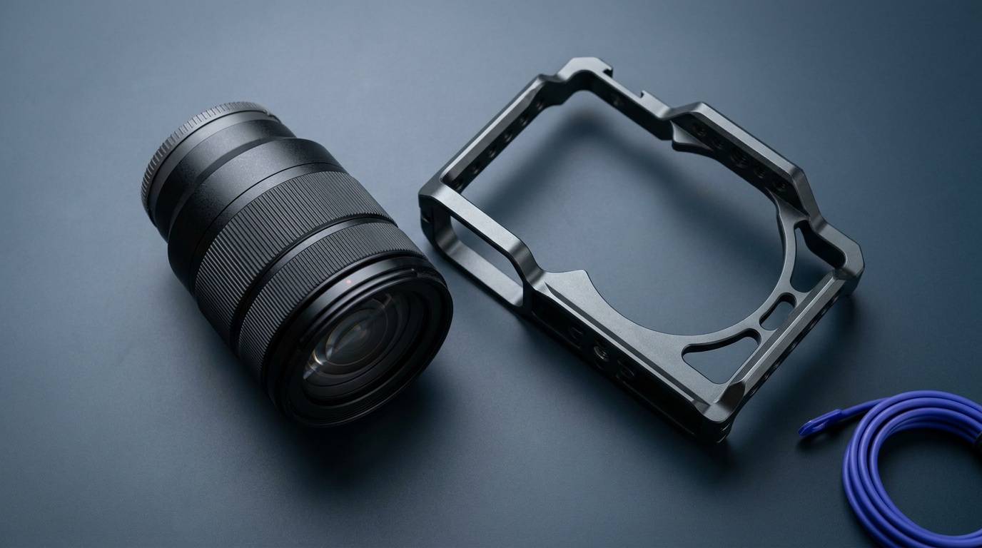 A constant-aperture unbranded zoom lens on a neutral surface beside a small video rig cage