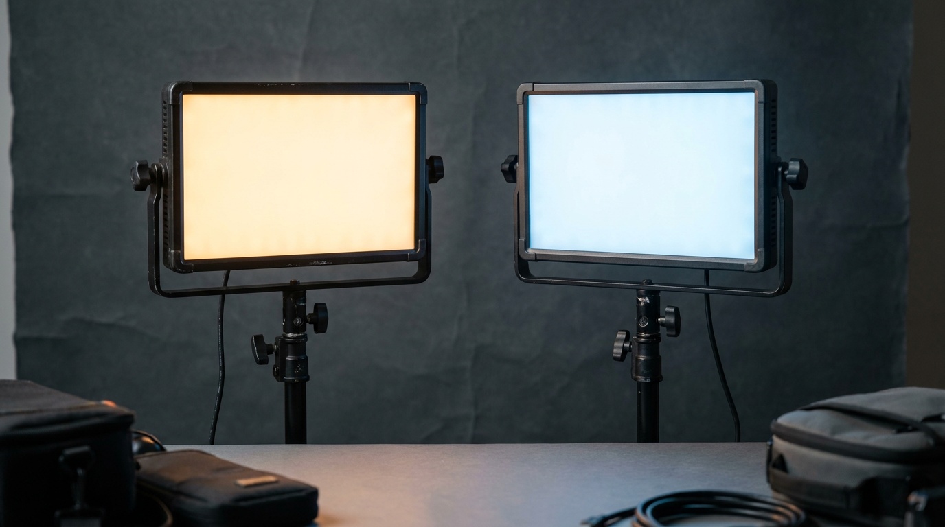 Two video lights side by side, one set to warm orange and one to cool blue-white, showing the color temperature range