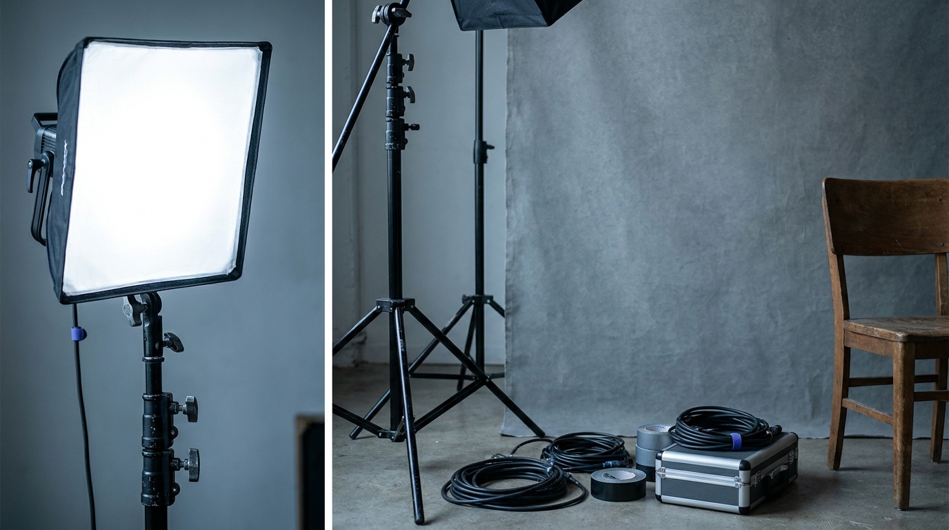 A single COB LED light fitted with a large softbox on a stand, casting soft directional light onto an interview set