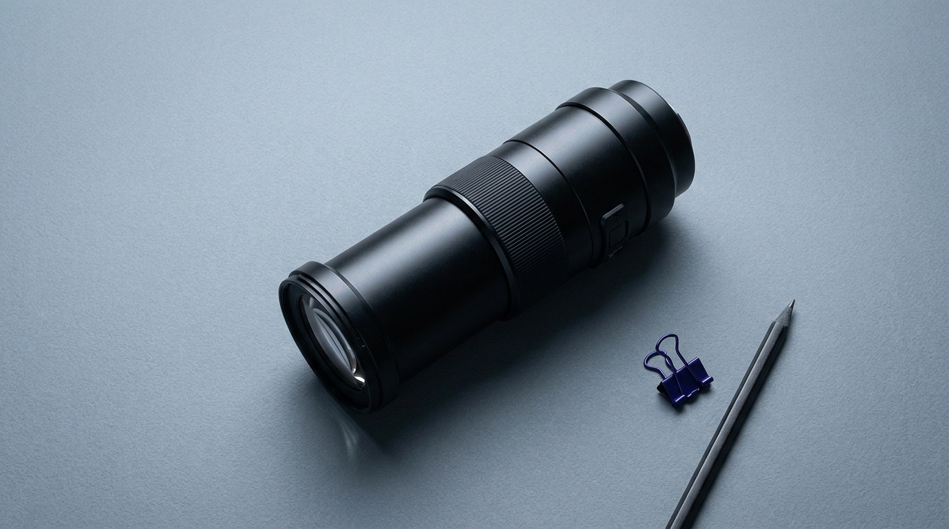 A long unbranded macro lens on a clean neutral surface
