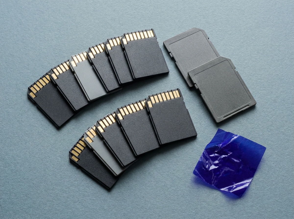 An assortment of SD and larger CFexpress memory cards arranged on a neutral surface