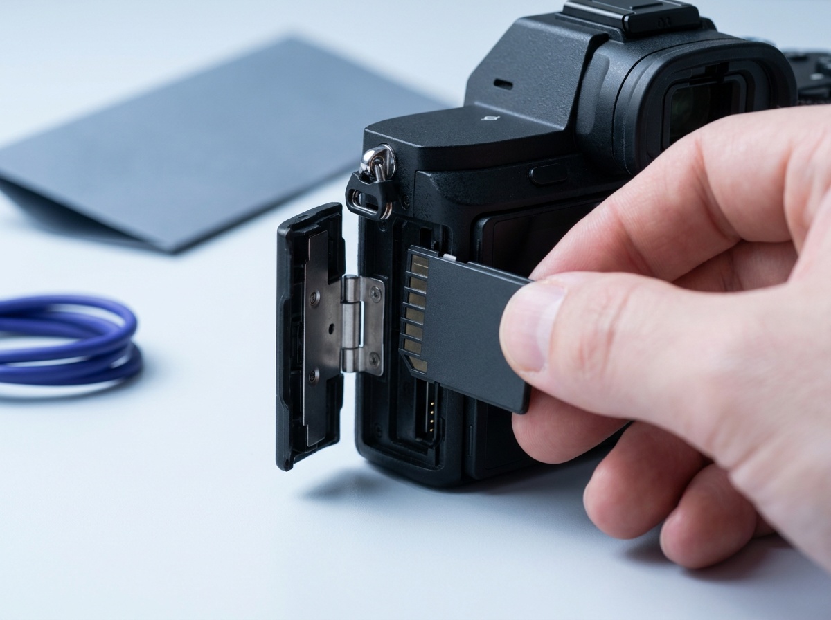 A memory card being inserted into the open card door of a mirrorless camera