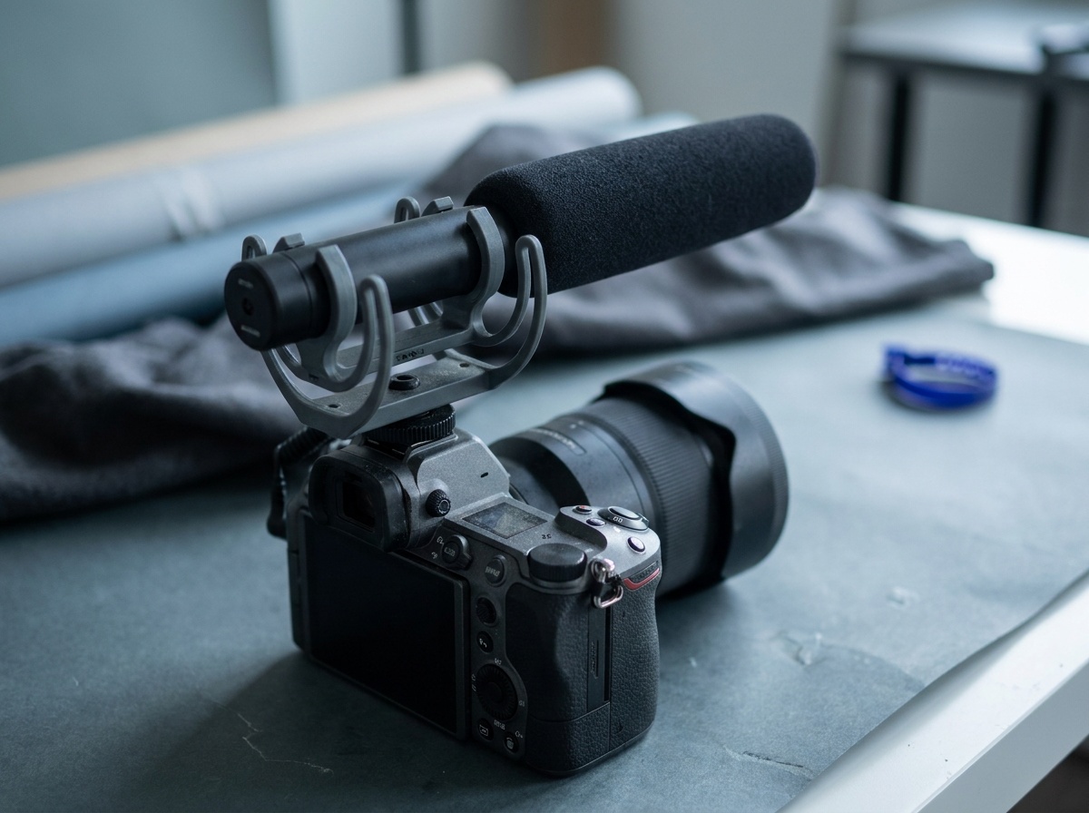 A directional shotgun microphone mounted in the hot shoe on top of a mirrorless camera