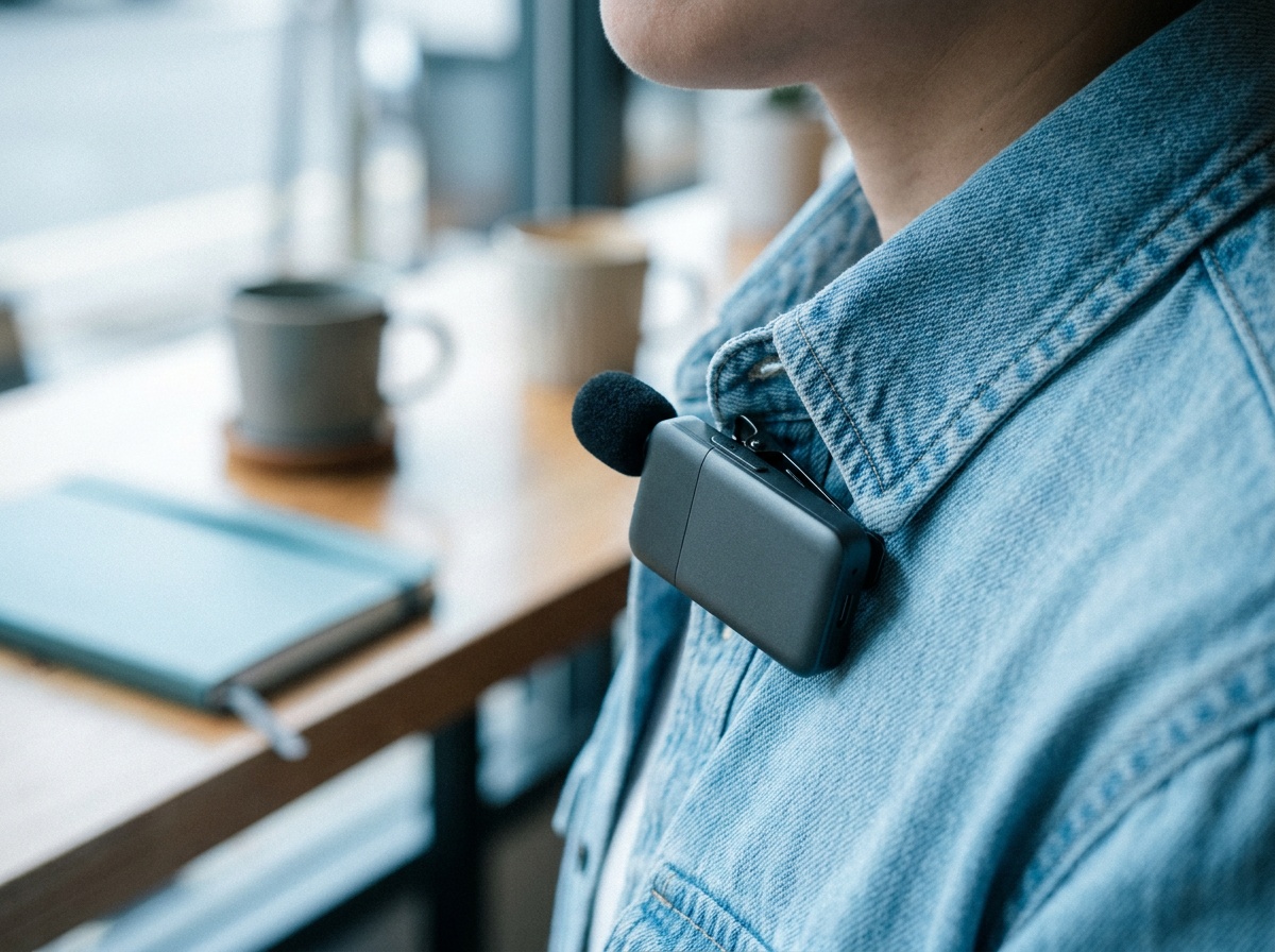 A small wireless microphone transmitter clipped to the collar of a speaker's shirt