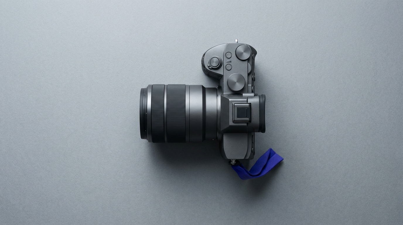A mirrorless camera body and a lens laid out on a neutral surface
