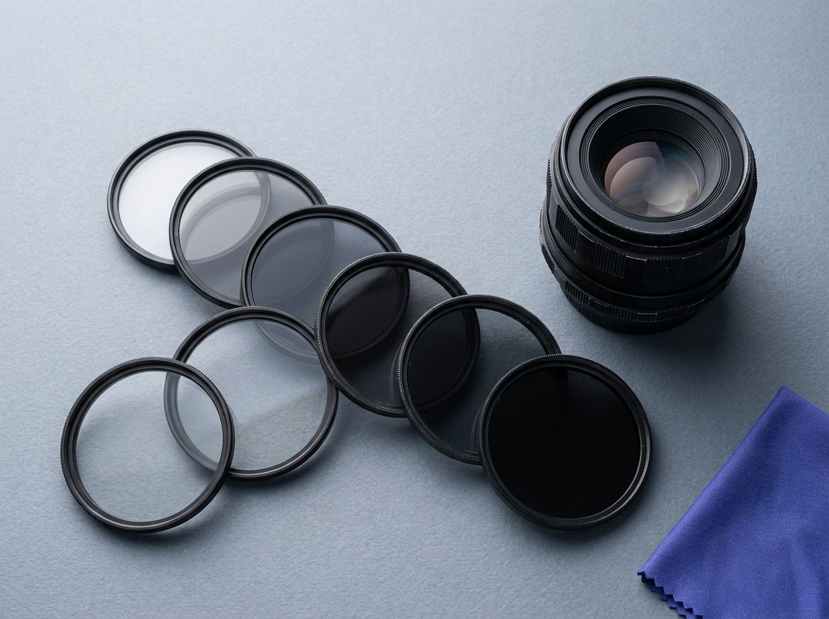 Several circular screw-in filters of different darkness laid out on a neutral surface beside a lens