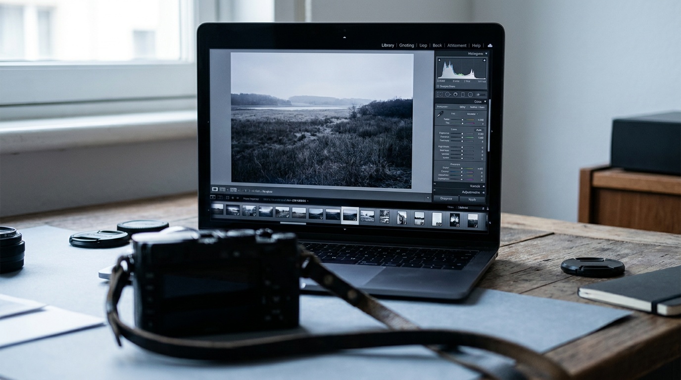 A laptop screen showing a generic photo editing interface with a landscape image, a histogram, and tone sliders