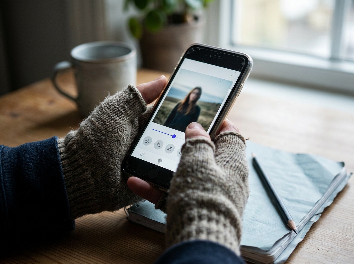 A smartphone held in two hands showing a generic mobile photo editor with adjustment sliders over a portrait