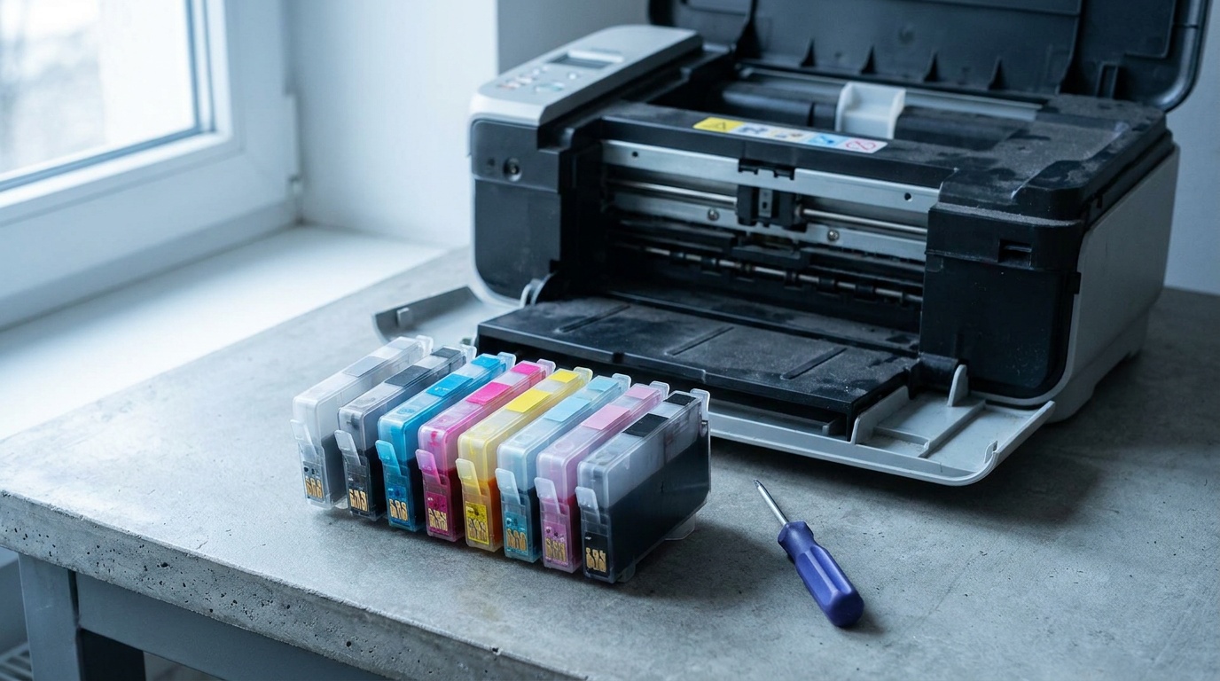 A row of eight individual ink cartridges in a desktop photo printer, including light gray and multiple color shades, lifted from their bays under bright workshop light