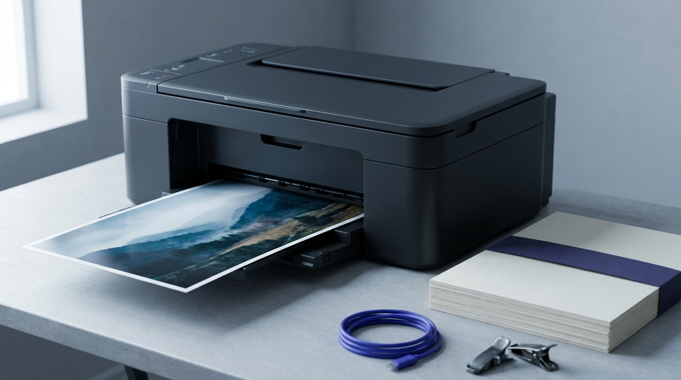 A glossy 13 by 19 inch landscape print emerging face-up from the front tray of an inkjet photo printer, the colors saturated and the detail crisp, with a stack of blank fine art paper beside it