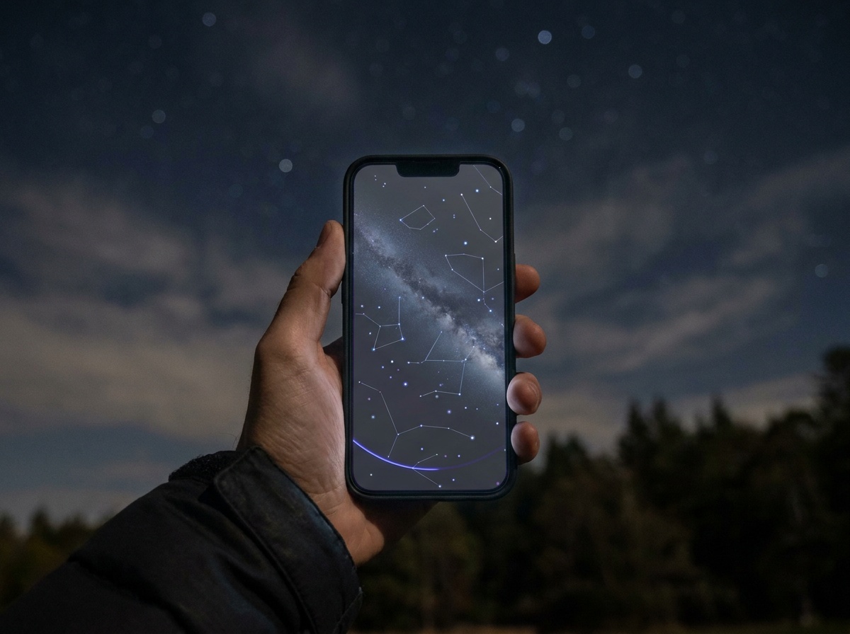 A phone screen showing a generic planetarium app with a star map, the Milky Way arc, and constellation lines against a night sky