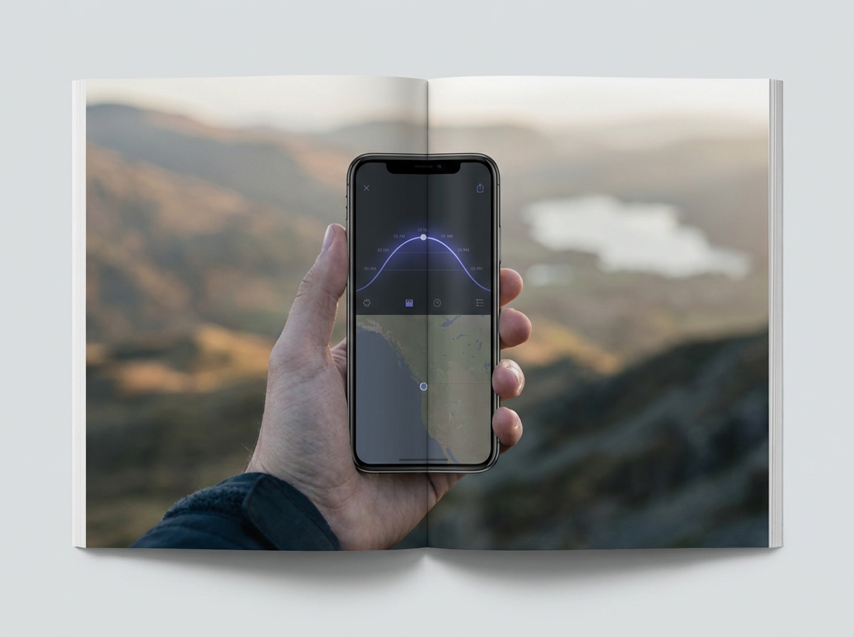 A smartphone held up over a landscape showing a generic planning app with a sun path arc and golden-hour times overlaid on a map