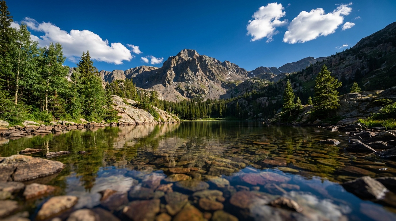 A landscape with a deep saturated blue sky and a clear glare-free lake reflecting the scene