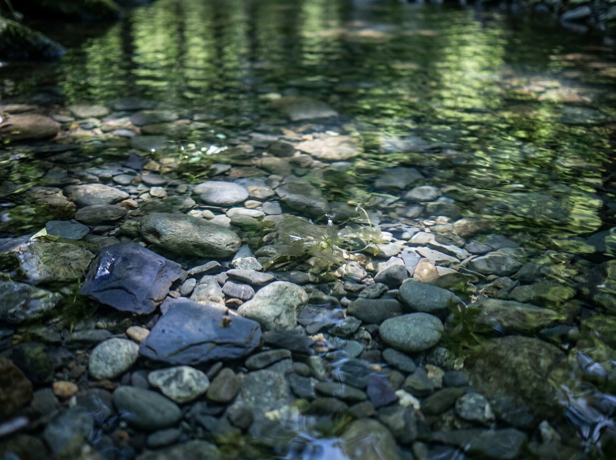 A clear stream where a polarizer has removed surface reflection to reveal the rocks and detail under the water