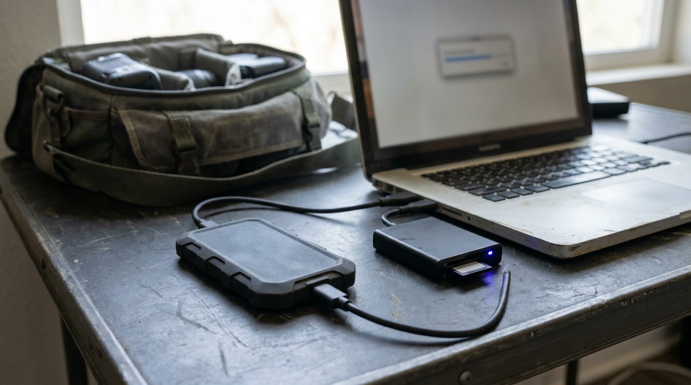 A rugged rubberized portable SSD plugged into a laptop on a field table, a progress bar showing footage offloading from a camera card reader sitting beside it, gear bag in the background