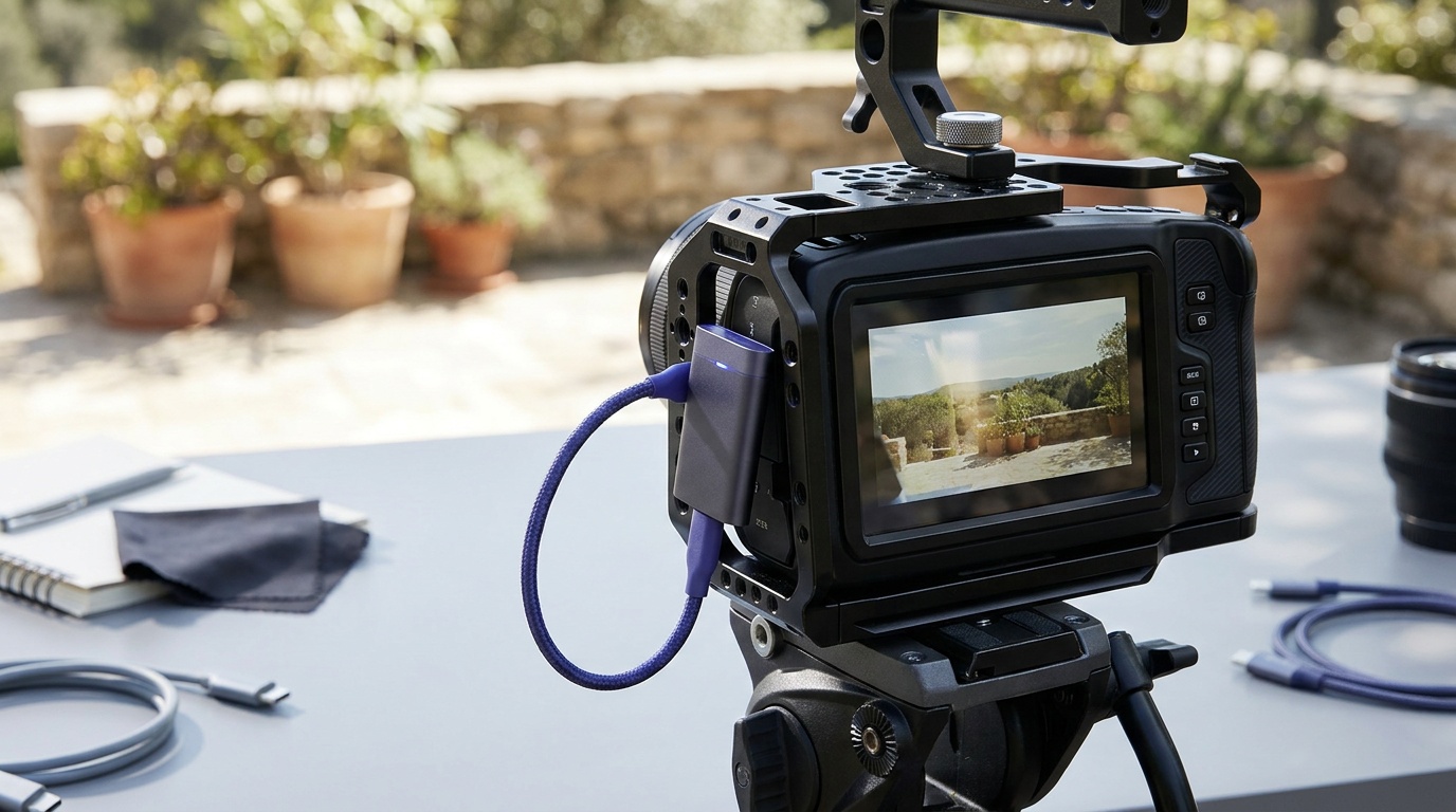 A small SSD mounted to a cinema camera cage with a short cable, recording video directly off the body, the camera framed on a tripod in a bright outdoor setting