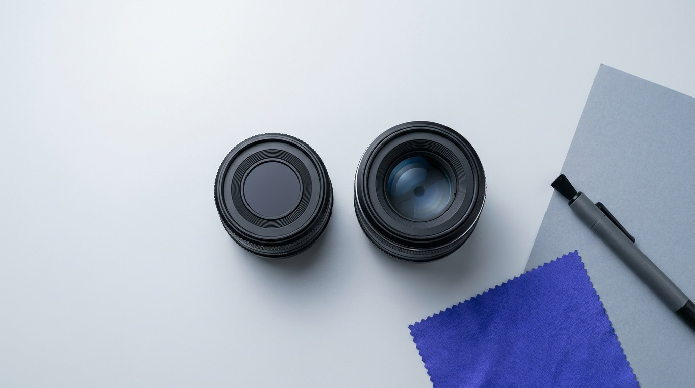A pair of compact unbranded prime lenses of different focal lengths on a neutral surface
