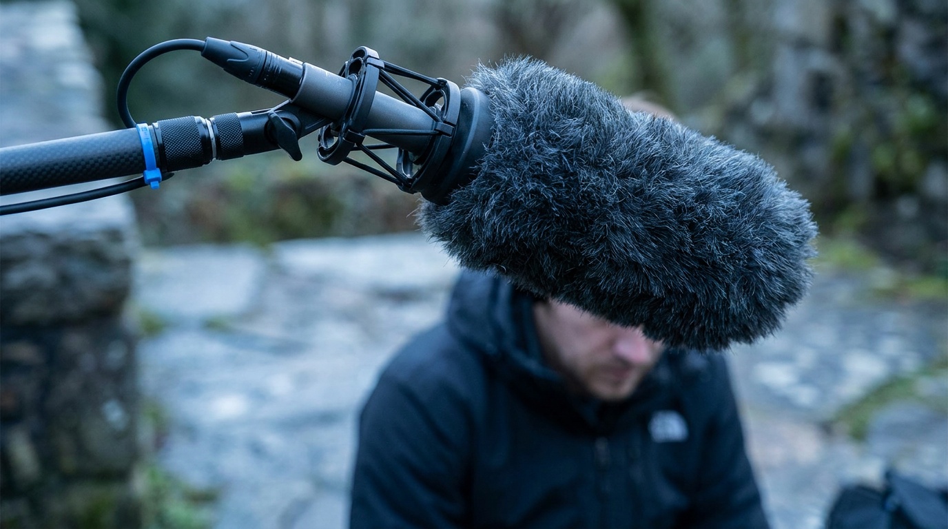 A shotgun microphone in a furry windshield mounted on a shock-mount at the end of a boom pole, held just above the top of the frame over a person speaking outdoors