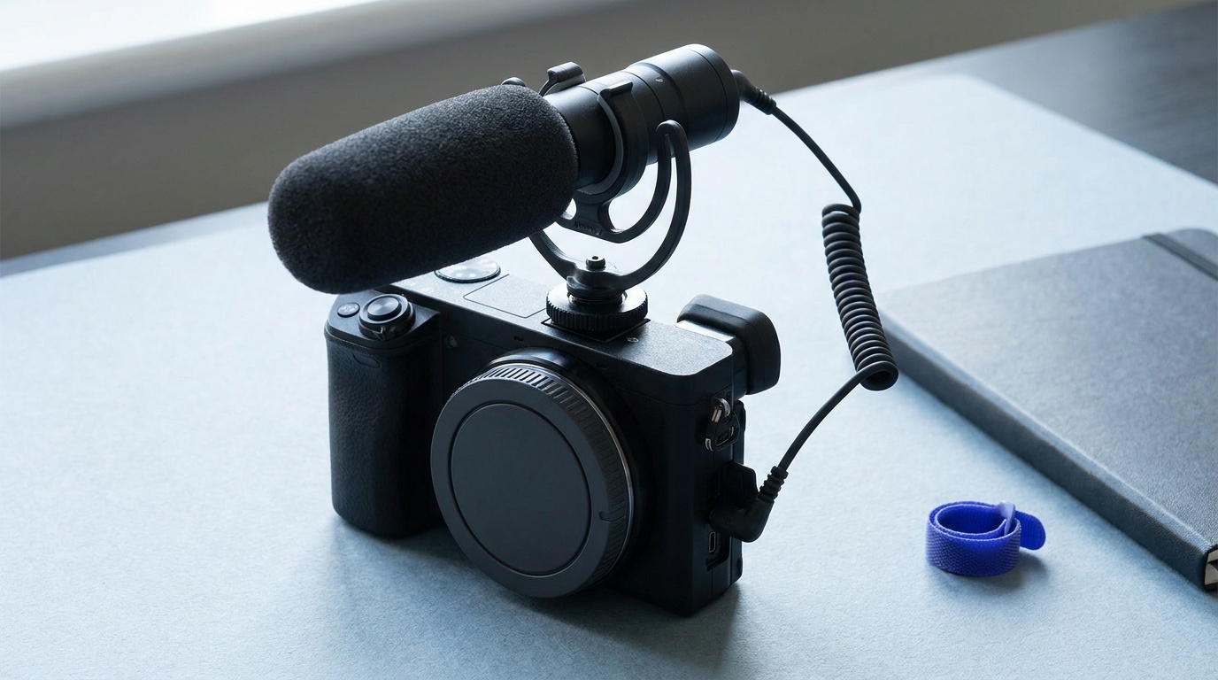 An on-camera shotgun microphone seated in a shock-mount on a mirrorless camera's hot shoe, a foam windscreen on the front, a thin cable running to the camera's mic input, on a run-and-gun setup