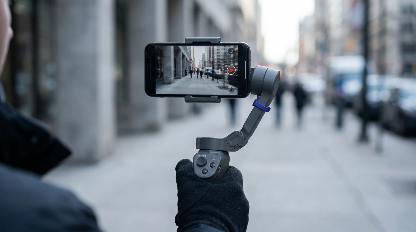 A smartphone locked into a folding three-axis gimbal, held out by a creator walking down a city sidewalk, the phone screen showing a steady framed shot while the background shows slight motion