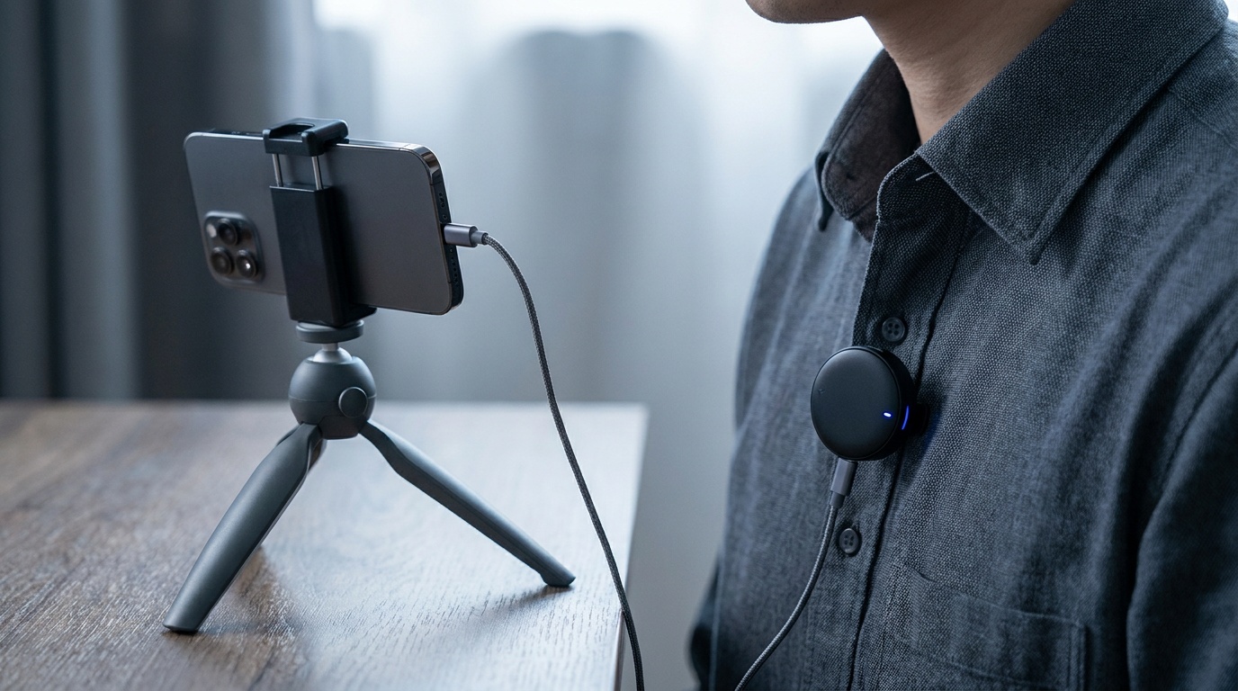 A close view of a small wireless microphone clipped to a person's collar, the transmitter no bigger than a coin, with a smartphone on a mini tripod recording them from a short distance