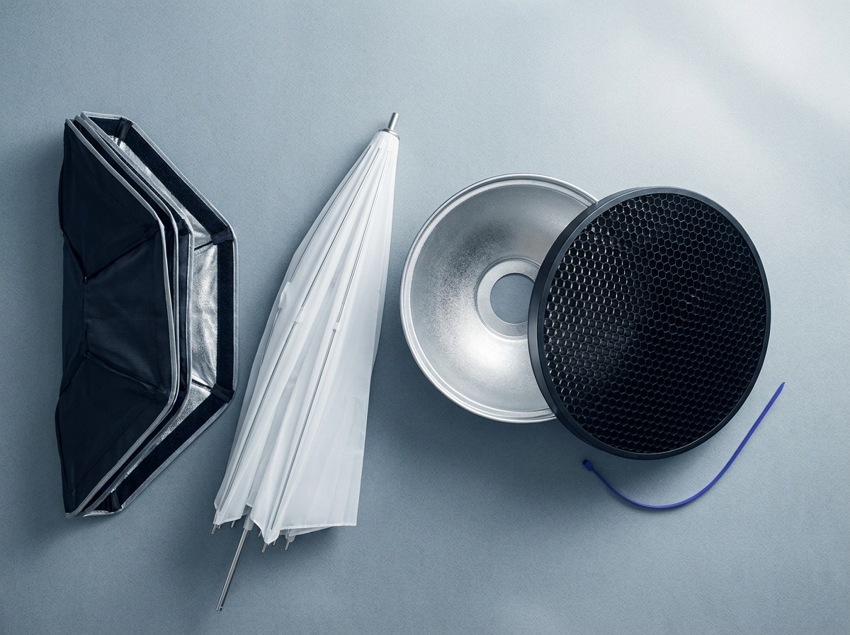 A flat lay of light modifiers on a neutral surface: a folded octabox, a shoot-through umbrella, a beauty dish, and a honeycomb grid