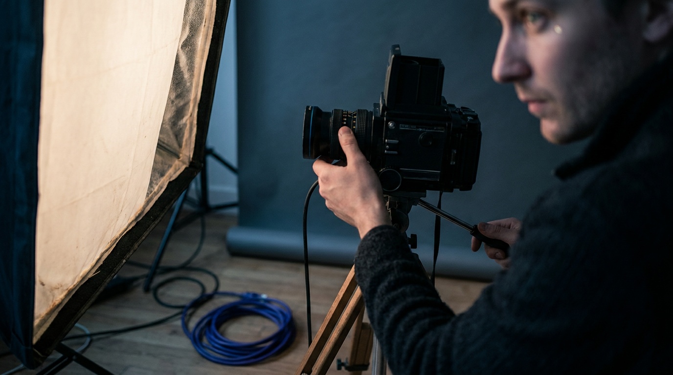A portrait subject lit by a large softbox placed close, giving a gentle shadow edge and a soft round catchlight