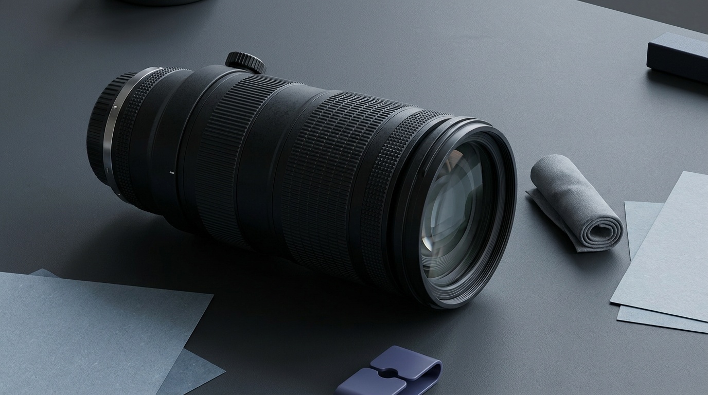 A large unbranded telephoto zoom lens photographed on a dark neutral surface