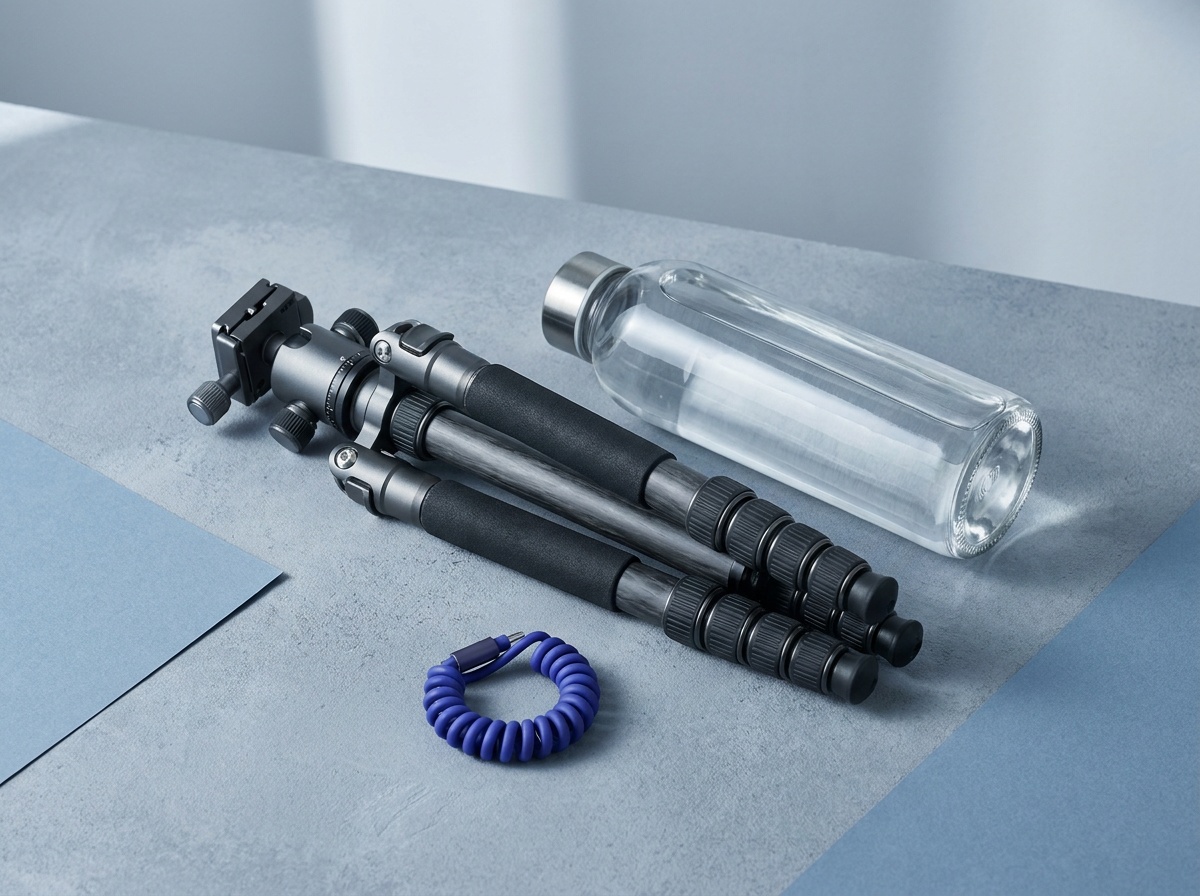 A travel tripod folded down to a short compact length lying beside a water bottle for scale