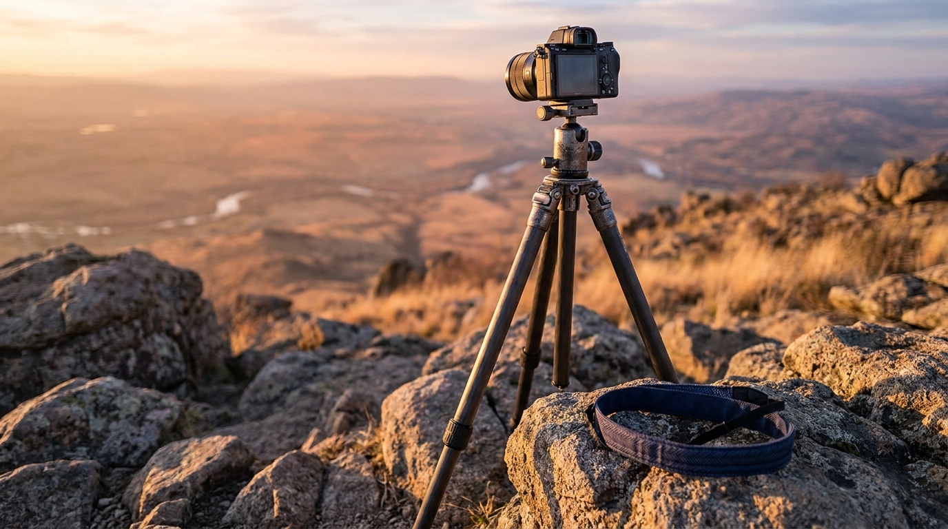 A compact travel tripod set up on a rocky overlook above a valley at golden hour