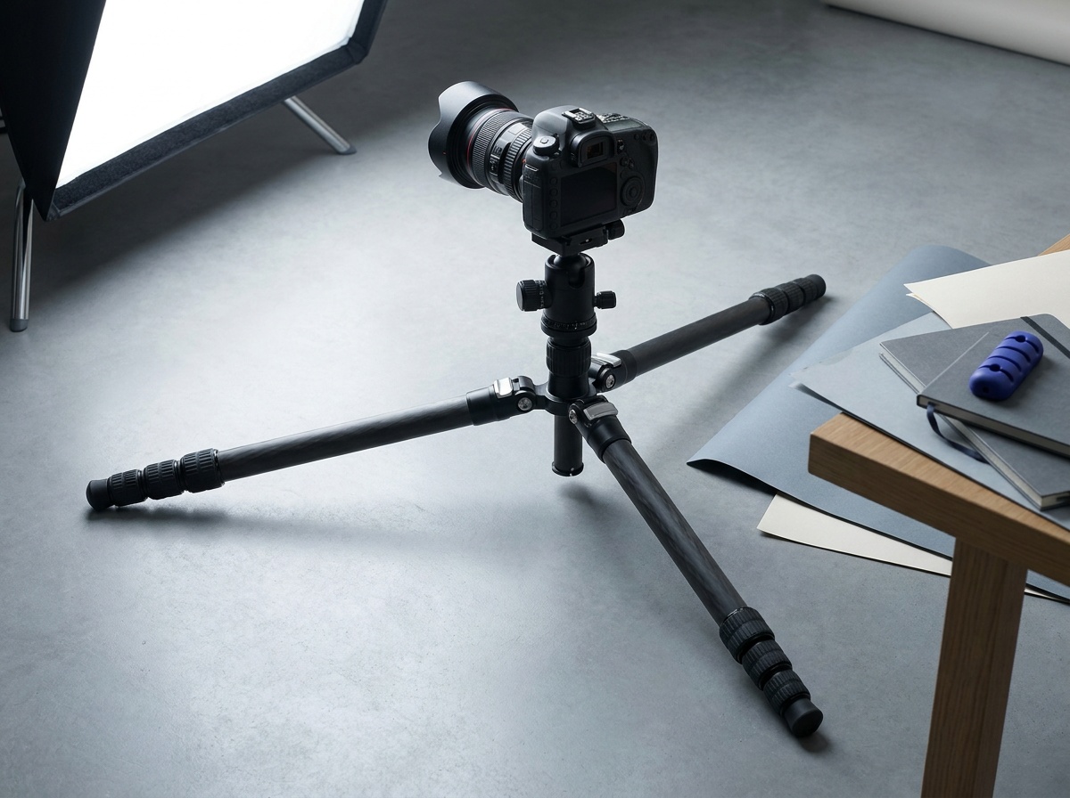 A tripod set up with legs spread wide and the center column kept low for maximum stability