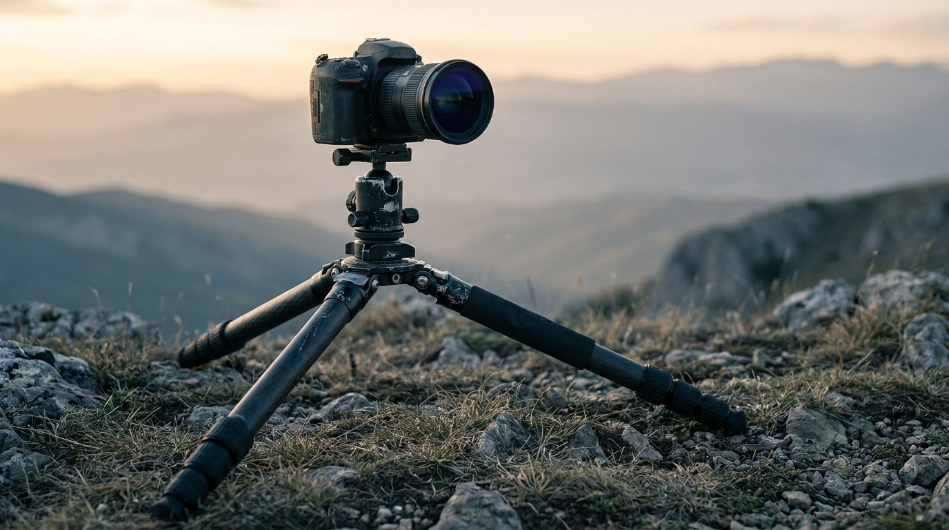 A sturdy camera tripod set up at a scenic mountain overlook in soft evening light