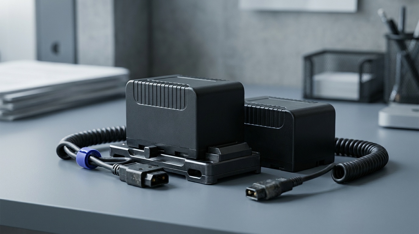 Two generic V-mount battery bricks, one locked onto a V-lock power plate with a D-tap cable and one resting beside a charger